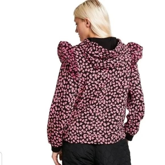 Sandy Liang S, M, L, 1X Pink Ditsy Floral Ruffle Hooded Hoodie Sweatshirt Top - Picture 7 of 11